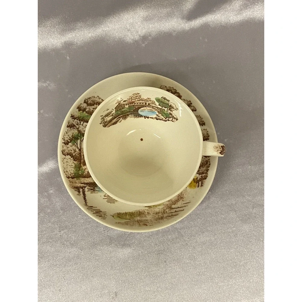 VNTG Nasco Holiday Water Canal Bridge Scene Cup Saucer Set Japan Made PreOwned